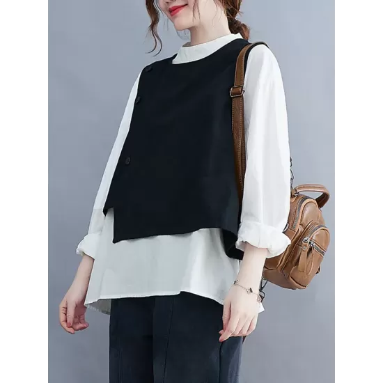 Original Stand Collar Long Sleeves T-Shirt Top&Buttoned Vest Outwear 2 Pieces Set