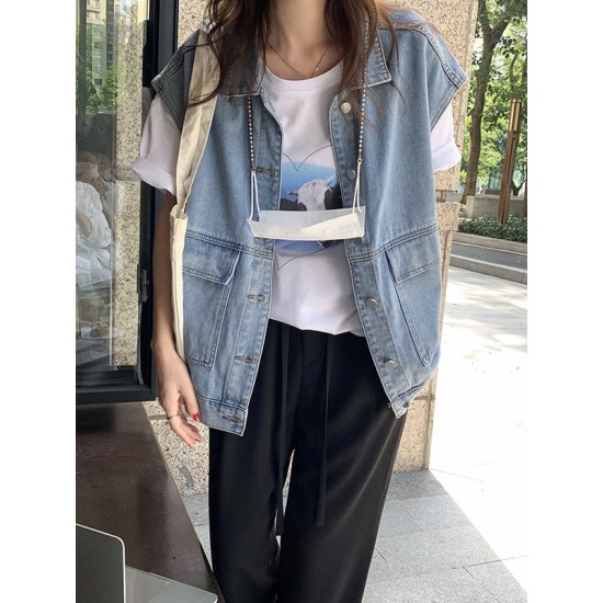 Simple Split-Joint Solid Color Denim Vest Outerwear