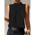 Pleated Solid Color Split-Joint Loose Sleeveless Stand Collar Vest Top