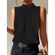 Pleated Solid Color Split-Joint Loose Sleeveless Stand Collar Vest Top