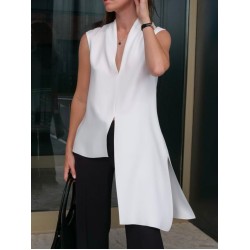 Irregular Clipping Loose Solid Color Split-Front Split-Side Deep V-Neck Vest Top