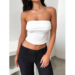 Pleated Solid Color Skinny Sleeveless Tube Vest Top