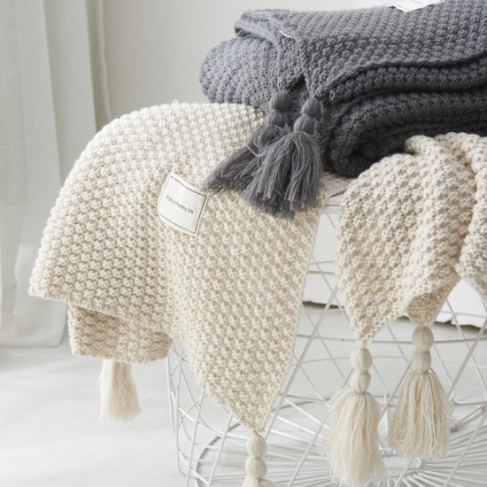 Tassel Solid Beige Grey Coffee Throw Blanket