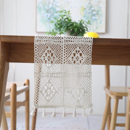 Beige Crochet Lace Table Runner with Tassel Cotton  Tablecloth runner