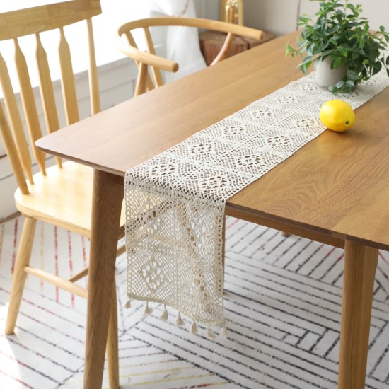 Beige Crochet Lace Table Runner with Tassel Cotton  Tablecloth runner