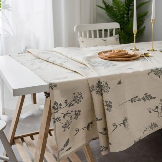 Cotton Linen Printed Pine Rectangular Fitted Tablecloth