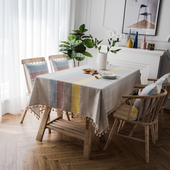 Plaid cotton Linen Tablecloth With Tassel Waterproof