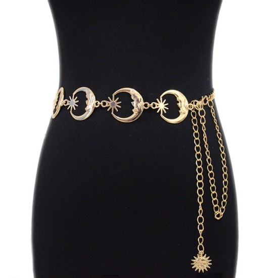 Unique Moon Sun Chain Belt Women Fashion Metal Shiny Wide Belts